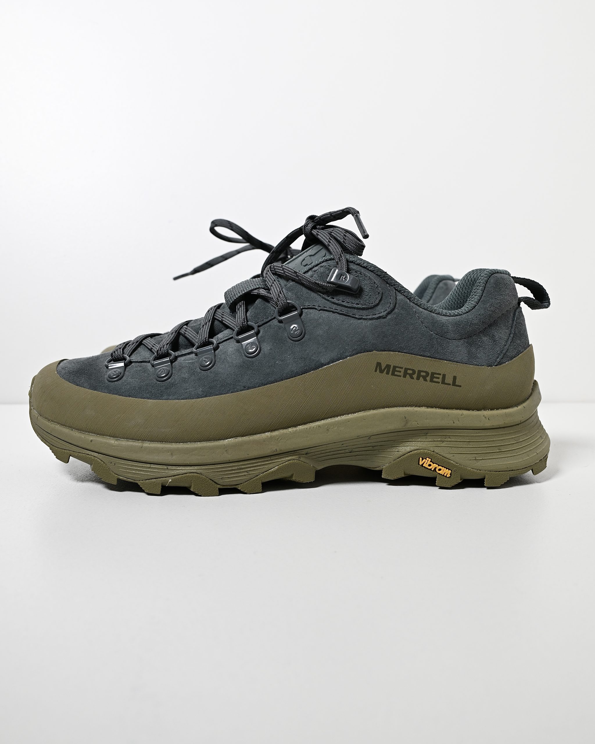 Side profile, Belstaff x Merrell 1TRL Ontario Speed Sneakers in the Mineral & Aloe colour-way.