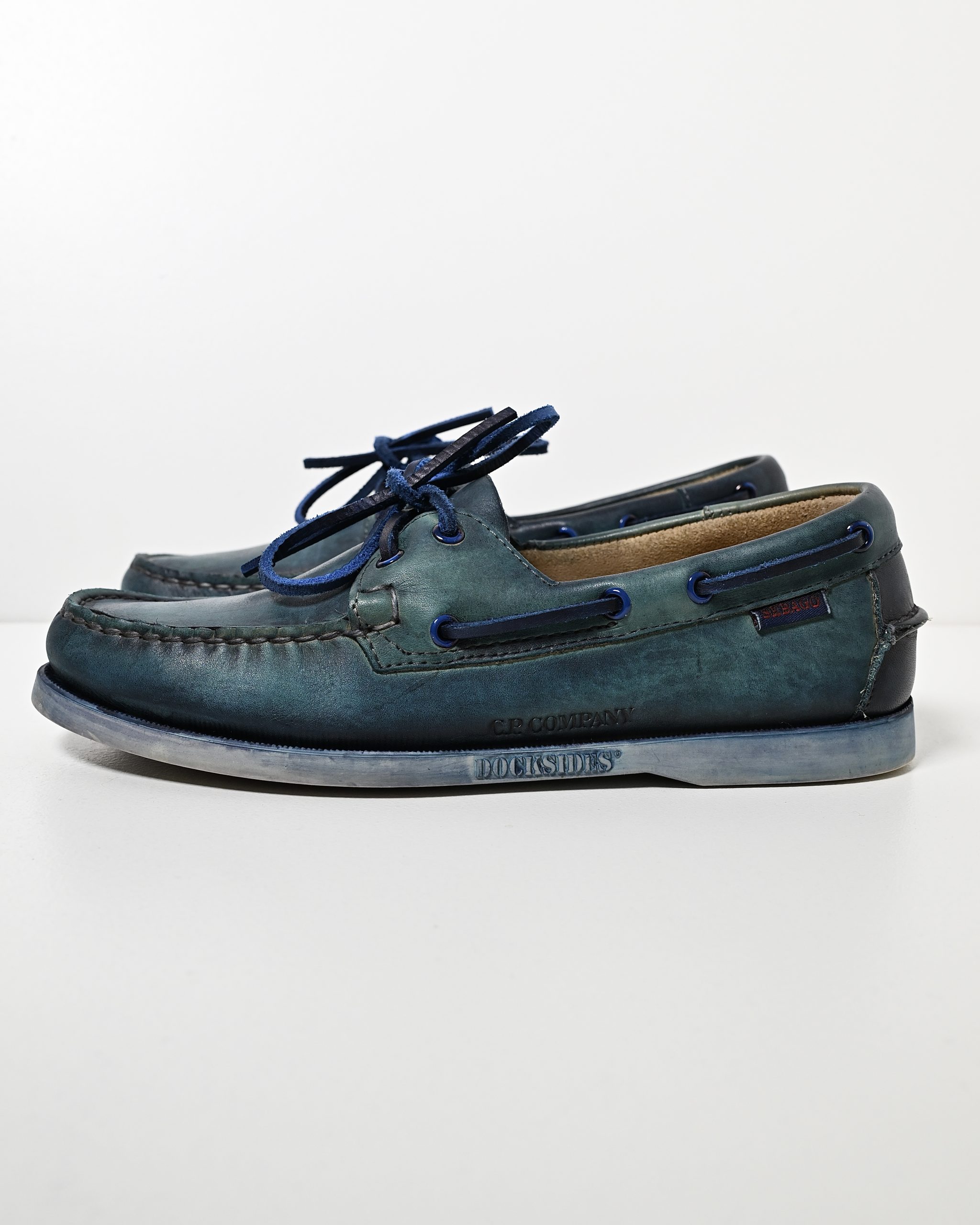 Side profile, CP Company x Sebago Anniversary Docksides, spray dyed leather, Total Eclipse colour-way.